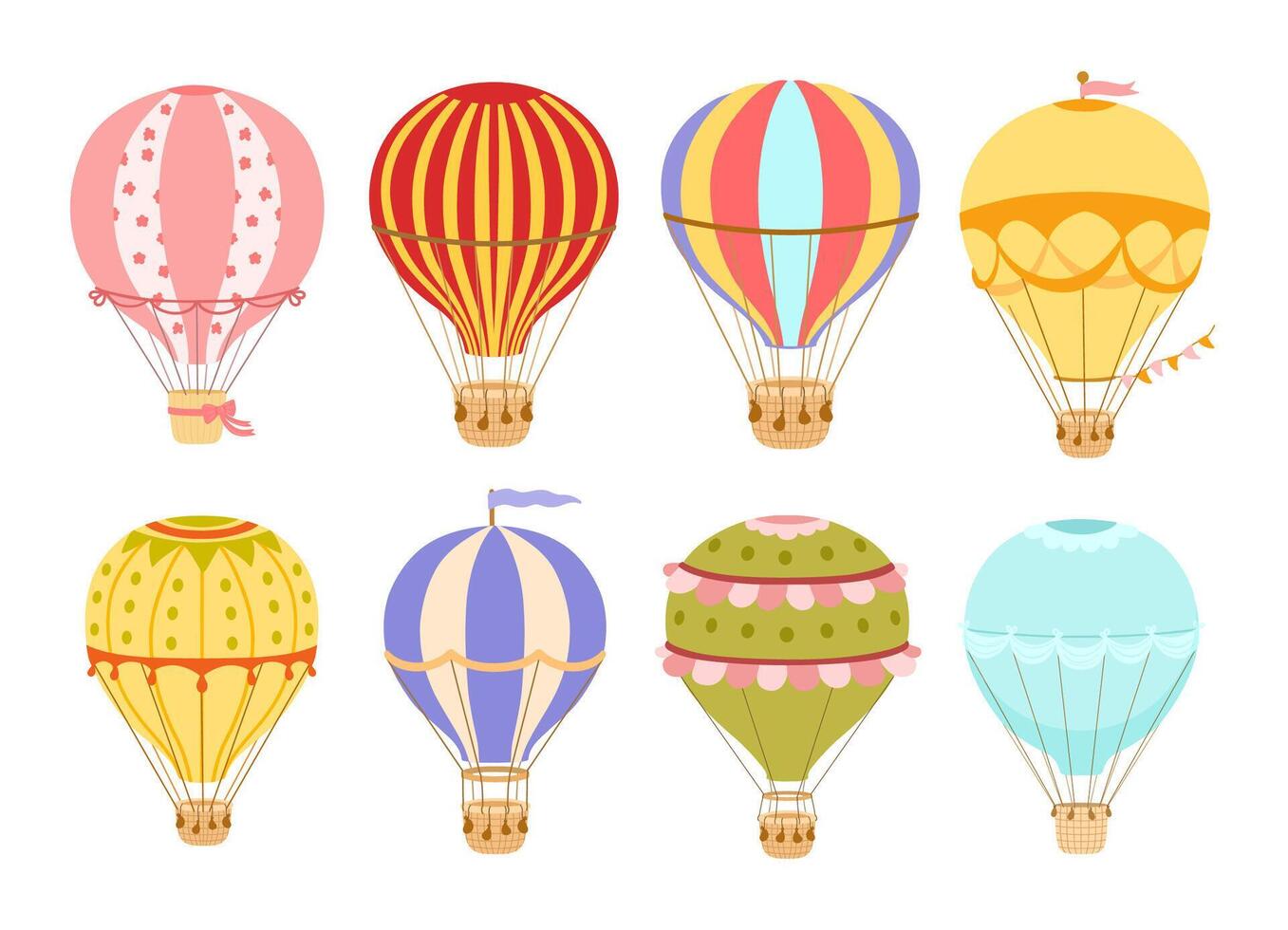 Vintage Hot air balloon with flags set. colorful illustration isolated on white vector