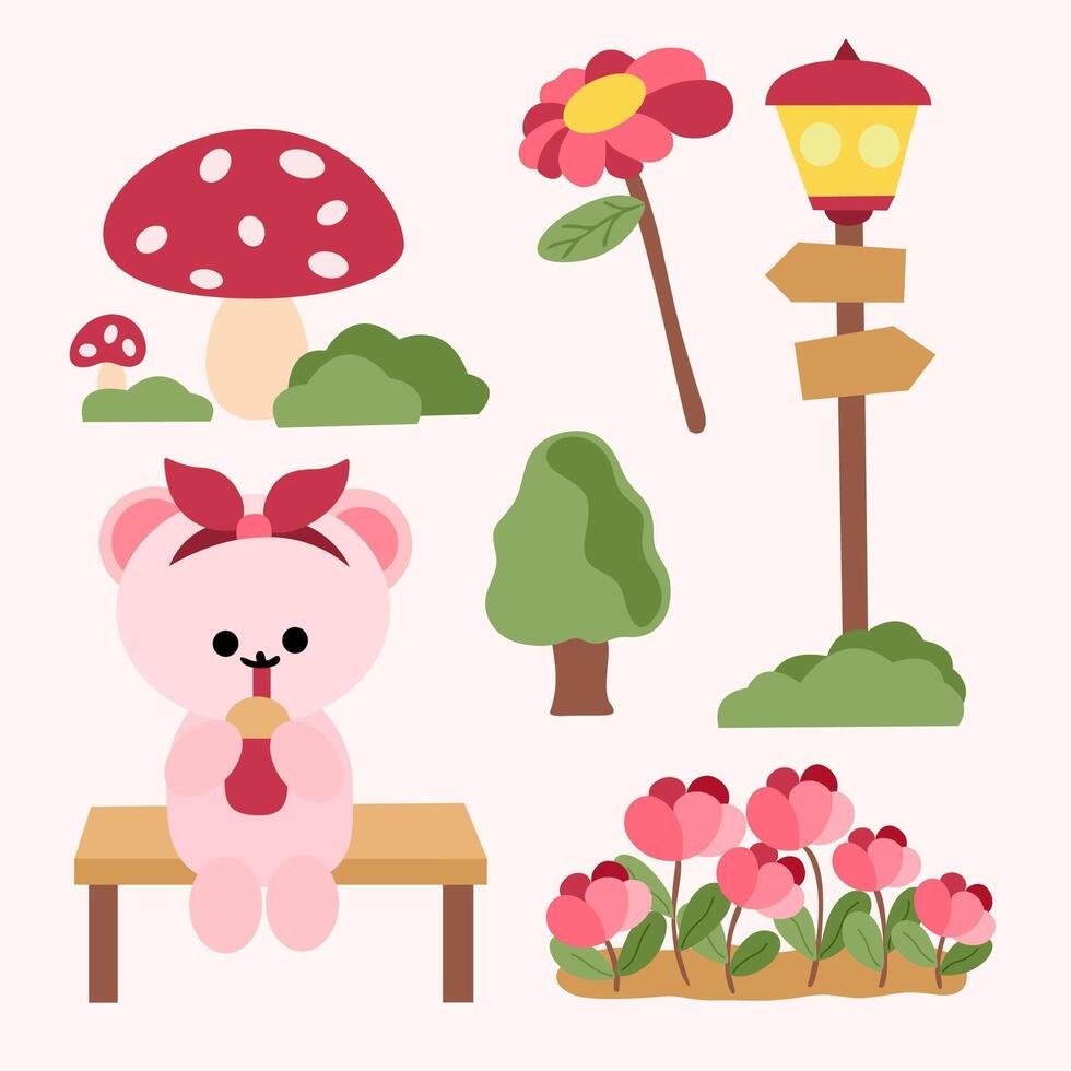 a collection of flowers and a bear in the garden. vector