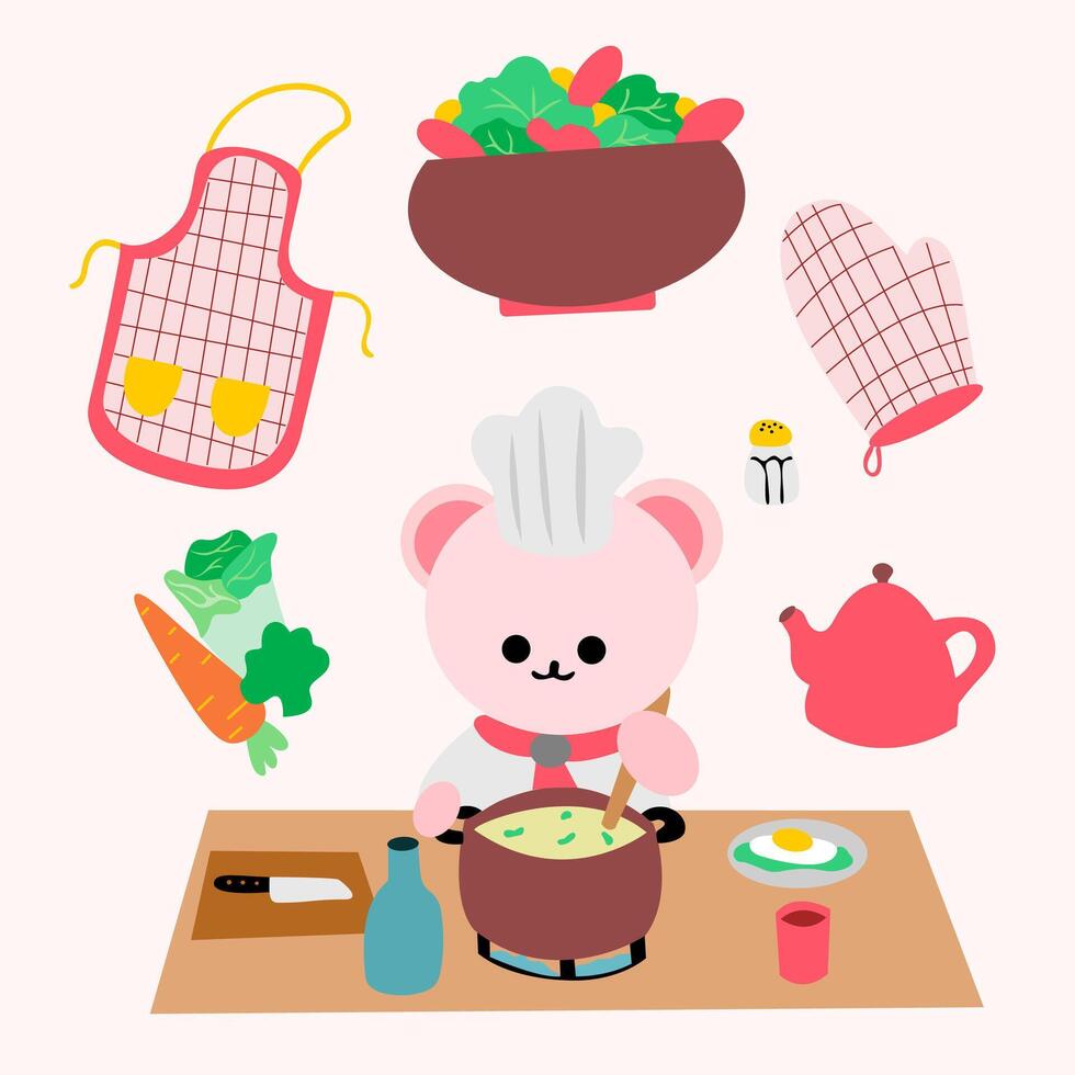 a picture of a cute bear cooking with a pot of food. vector