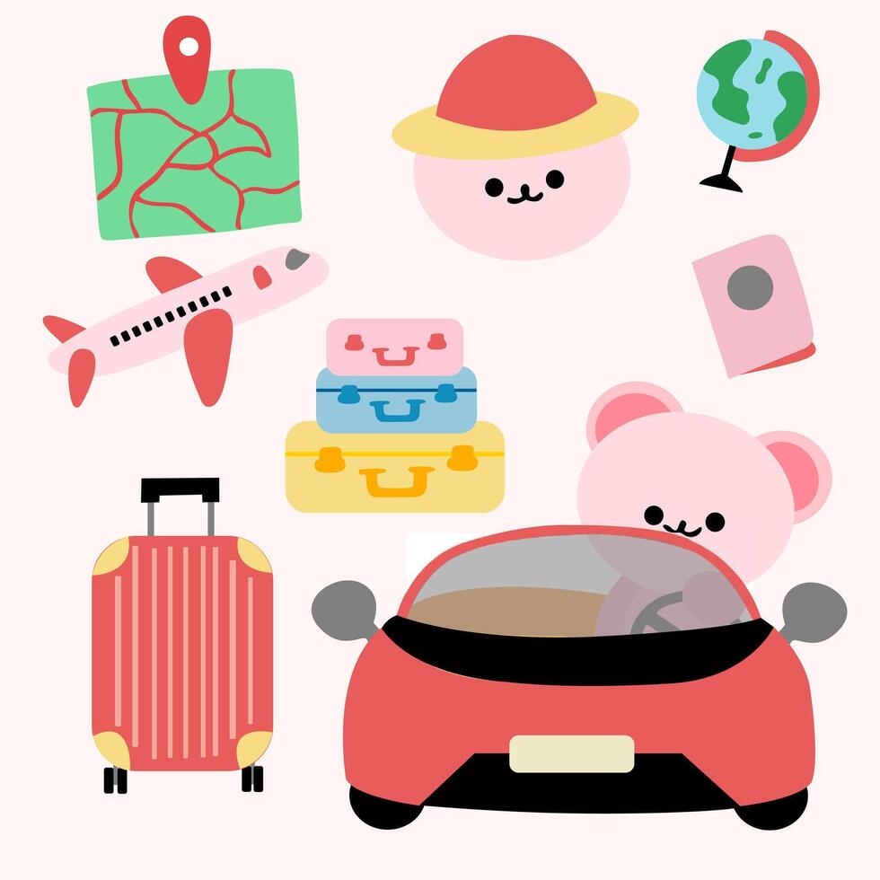 a collection of travel season including a cute pink bear and a toy car. vector