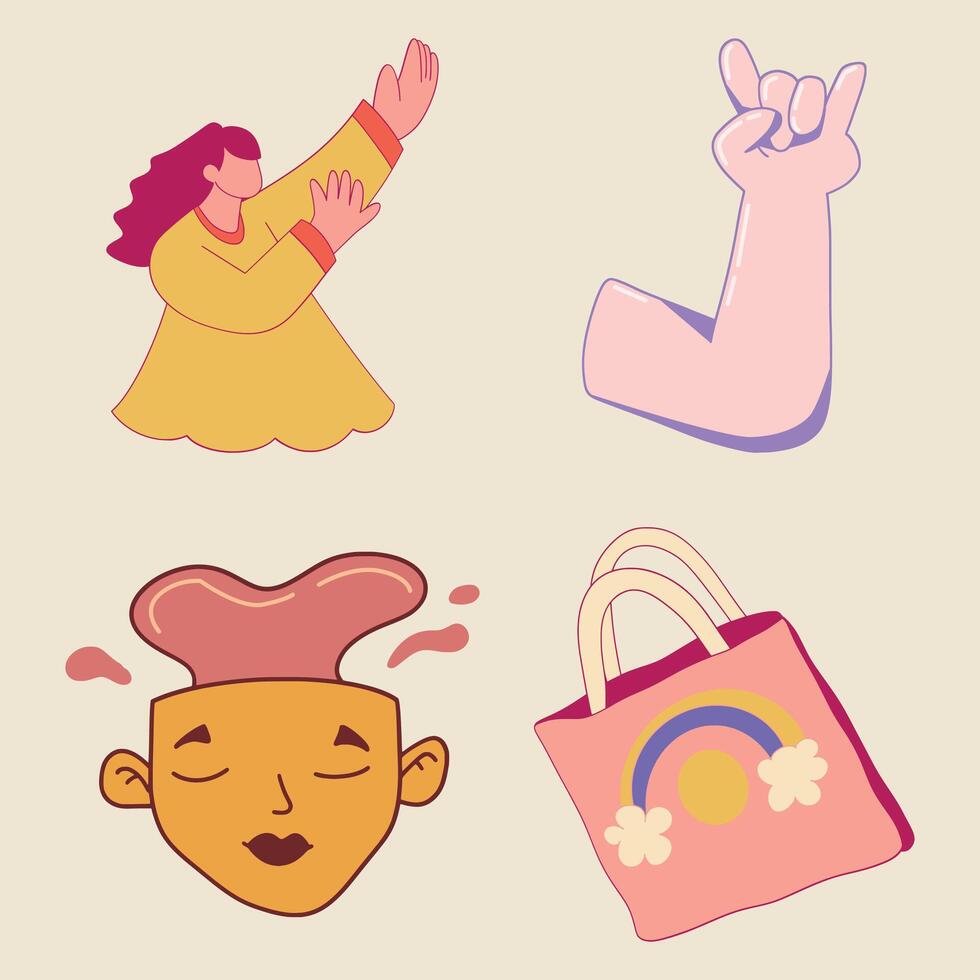 A set of cartoon stickers depicting a woman holding a bag, a woman with a hand gesture and vector