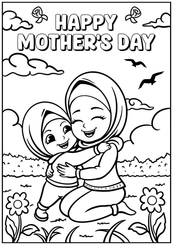Coloring page outline of the happy mother's day illustration in cute line cartoon style suitable for kid vector