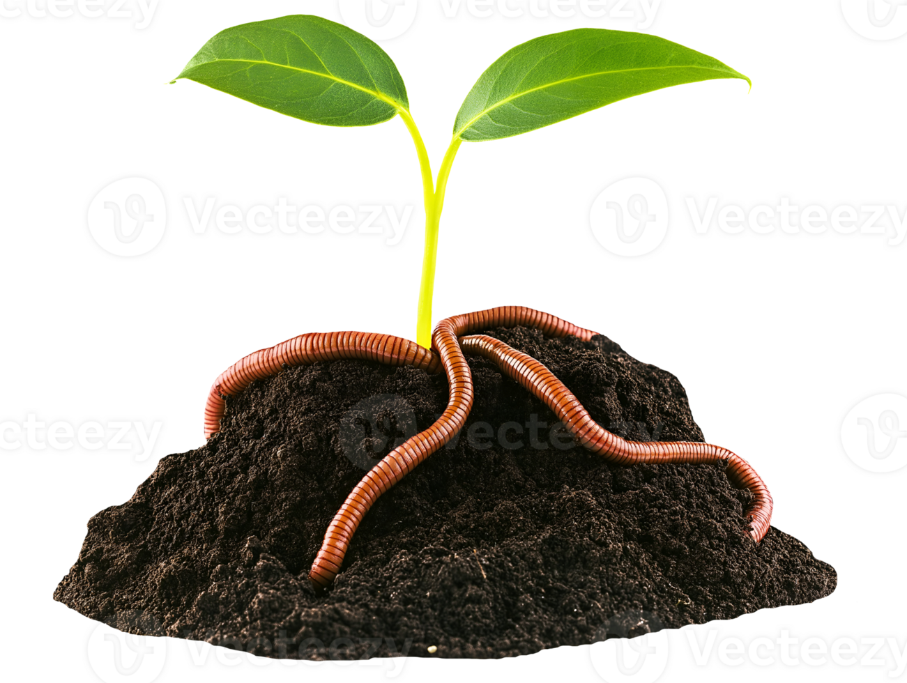 young green plant sprouting from rich dark soil with earthworms on isolated background png