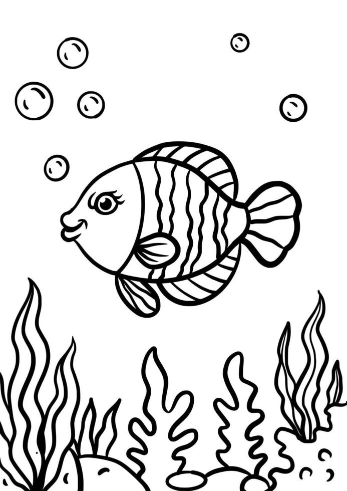 Fish drawing for kids in black and white vector