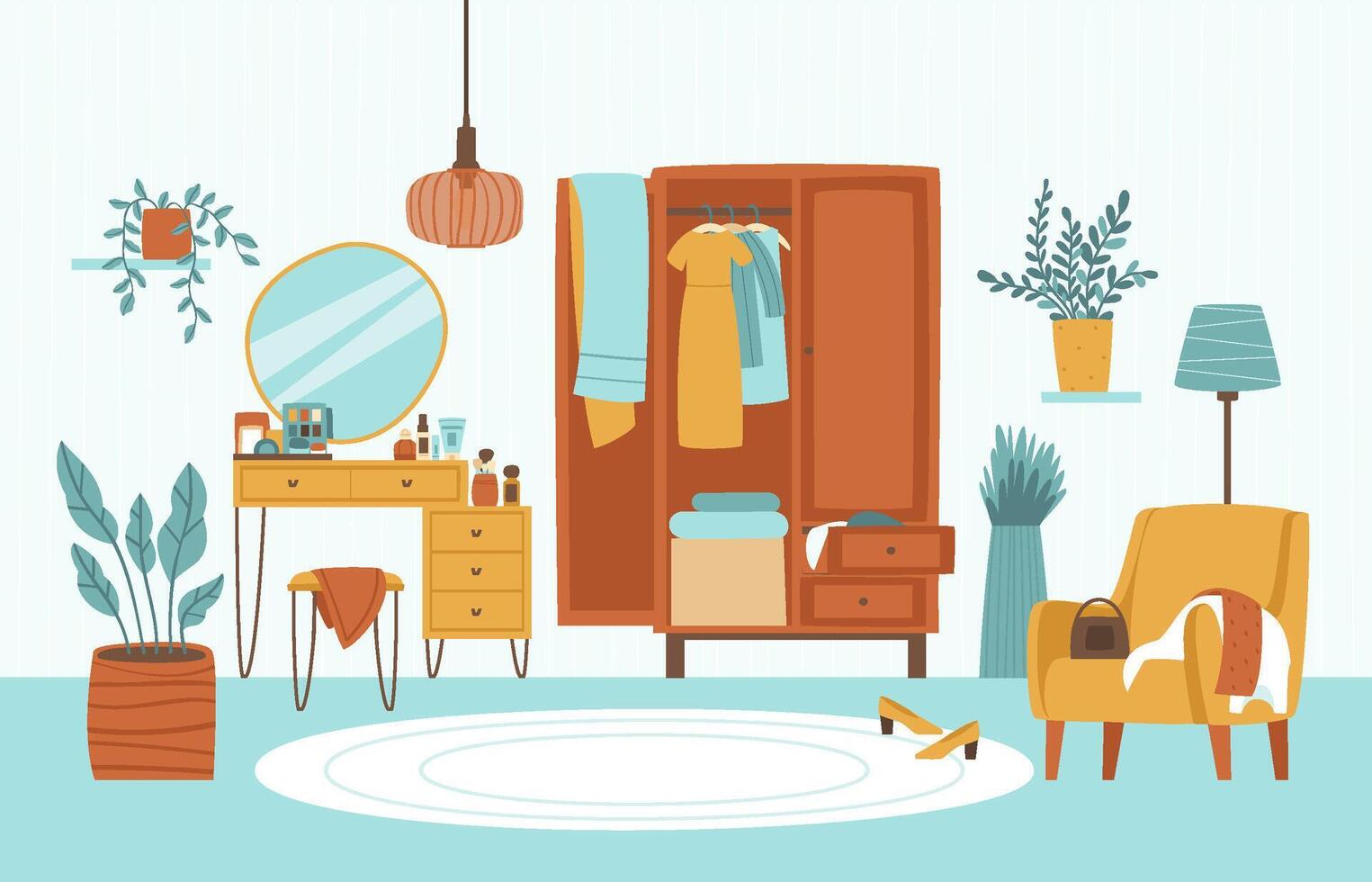 Room with wardrobe, dressing table and chair for choosing outfit and makeup vector