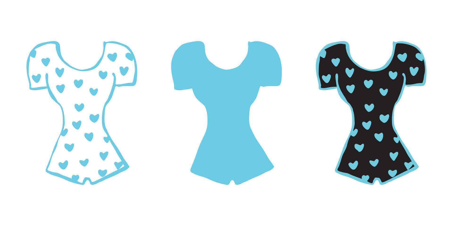 Woman one-piece short-sleeved bodysuit. Technical fashion illustration. Front, cyan and black color. Isolated elements on a white background vector