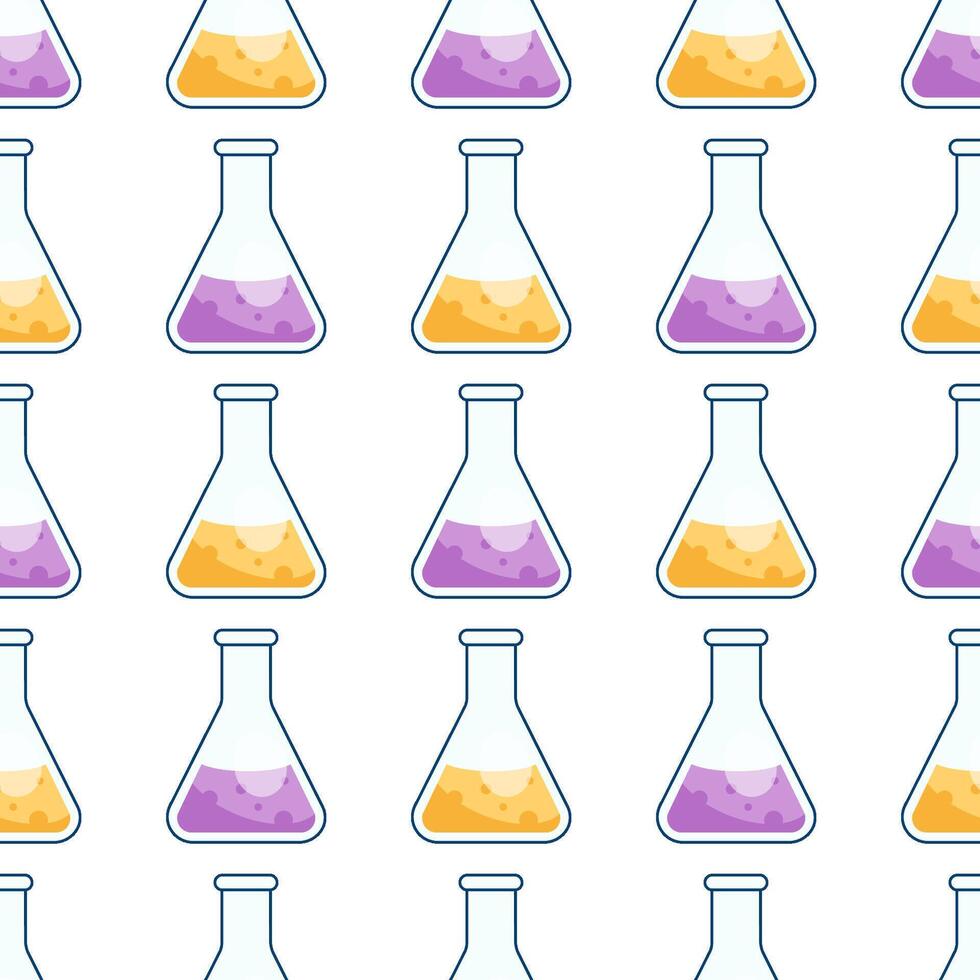 Chemical conical flask with colored liquid. Pattern with flasks and reagents. Seamless Texture Pattern by Chemistry vector