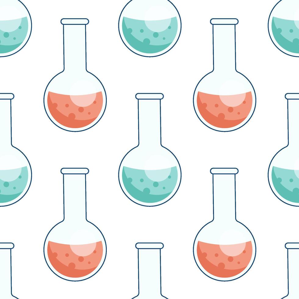 Round flat flasks with colored liquid. Pattern with chemical reaction, research, analysis. Seamless texture vector
