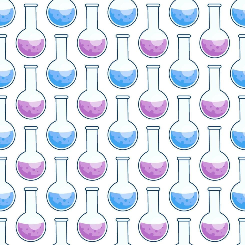 Seamless pattern with round flask and colored liquid. Chemical flask with a reagent. Infinite texture vector