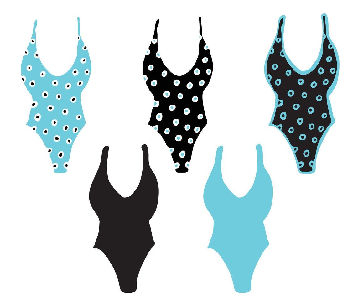 Woman bodysuit. V neck, polka dots print. Technical fashion illustration. Front, cyan and black color. Isolated elements on a white background. vector
