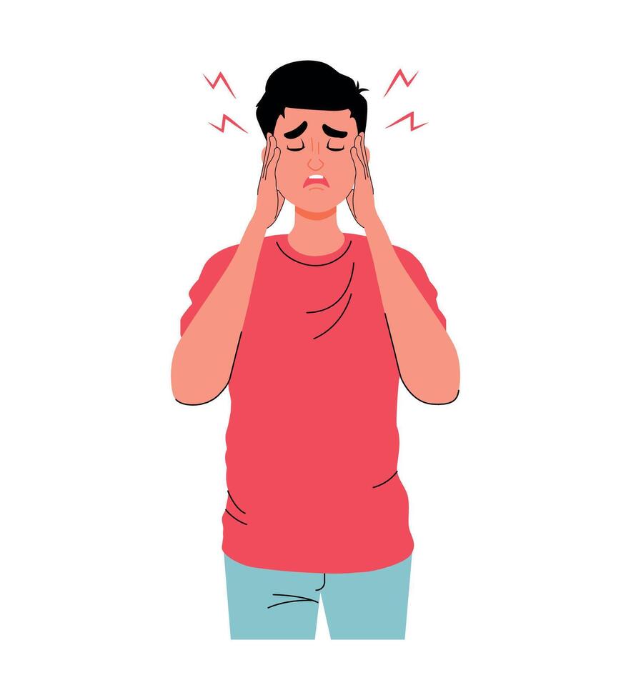 Headache. A man holds his head because of severe pain in his head. Migraine, hypertension, flu. Chronic stress and exhaustion. Flat style. Character. Disease. Fever. Isolated. Illustration vector