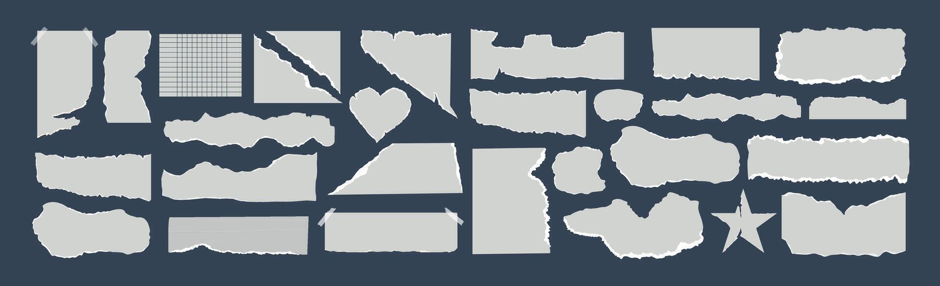Set of notes. Torn paper. Collage. Frame and textbox. Scrapbook on background, newspaper fragments and tape. Pieces. Jagged edges. Trendy shape elements. Template. Old sheet crease. Speech vector