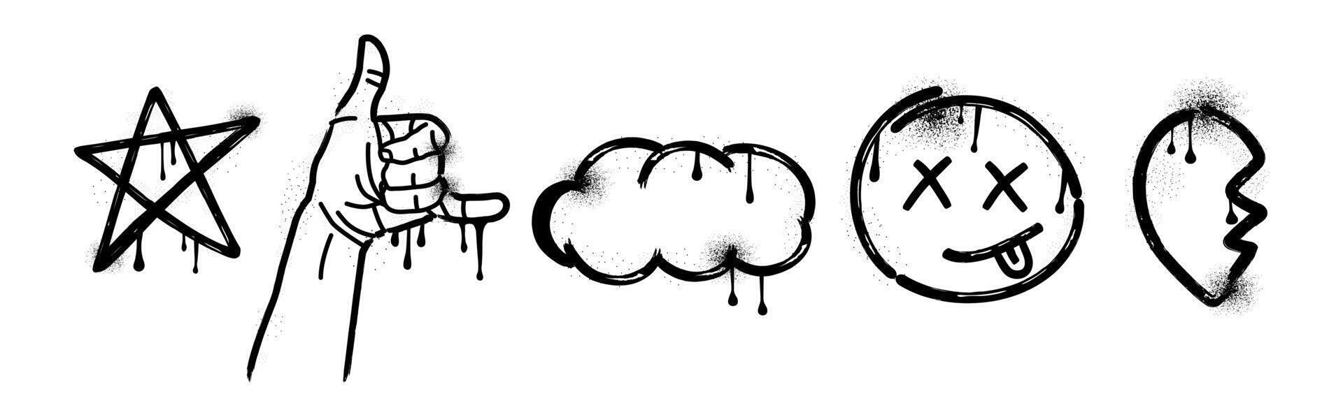 Set of icons. Brush. Charcoal and crayon. Drawing. Scribble. Grunge texture shape. Trendy elements. Collection graffiti. Spray, dots. Melted paint. Ink. Freehand. Splash. Street . Star, hand, cloud. vector