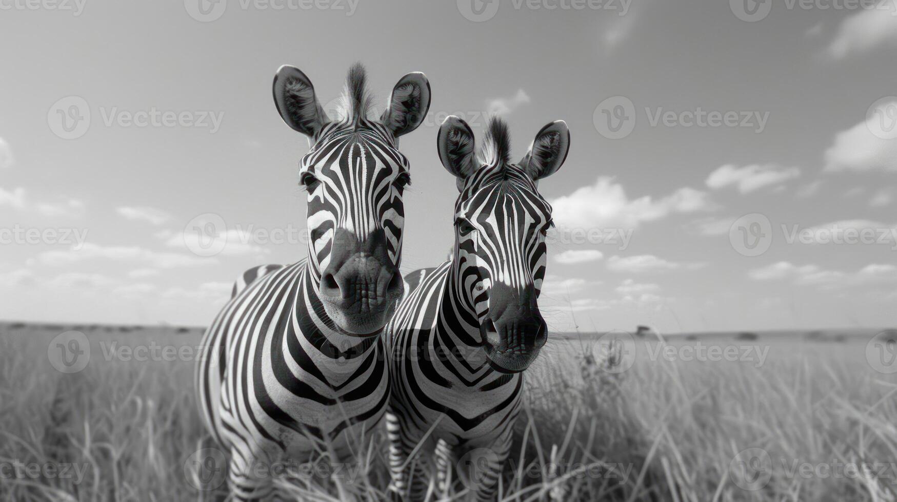 Two zebras standing in a grassy plain. photo