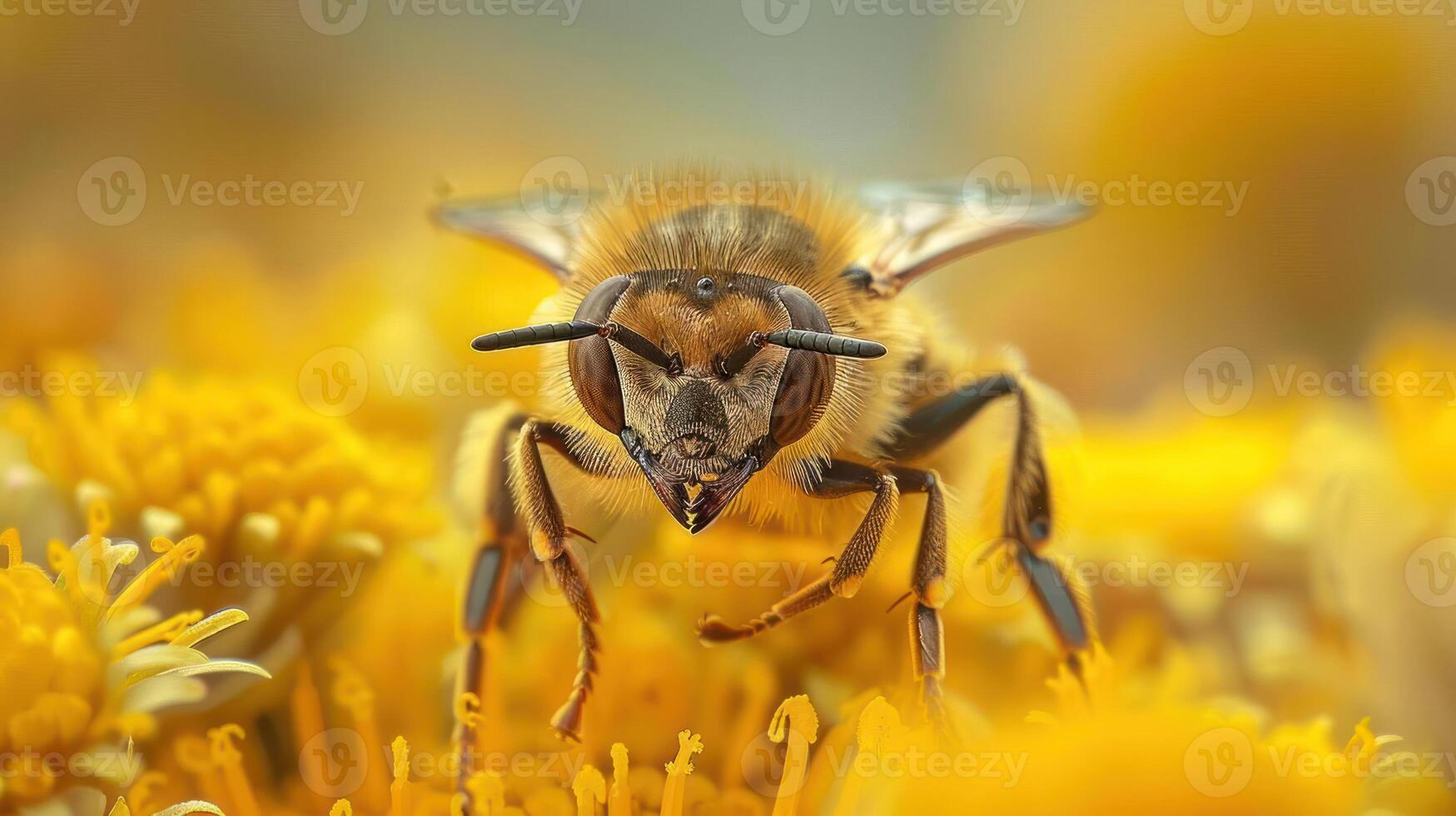 A close-up of a honeybee with eyes open, surrounded by vibrant yellow wildflowers. photo