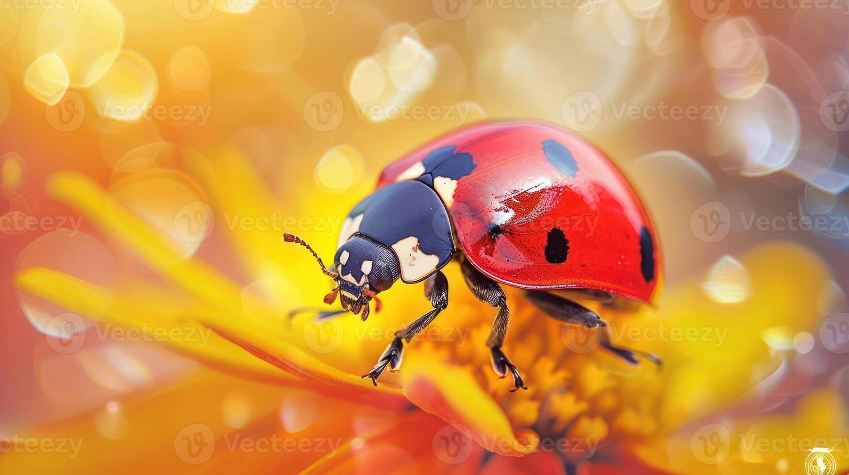 A vibrant ladybug resting on a burst of yellow flowers, surrounded by bokeh light effects. photo