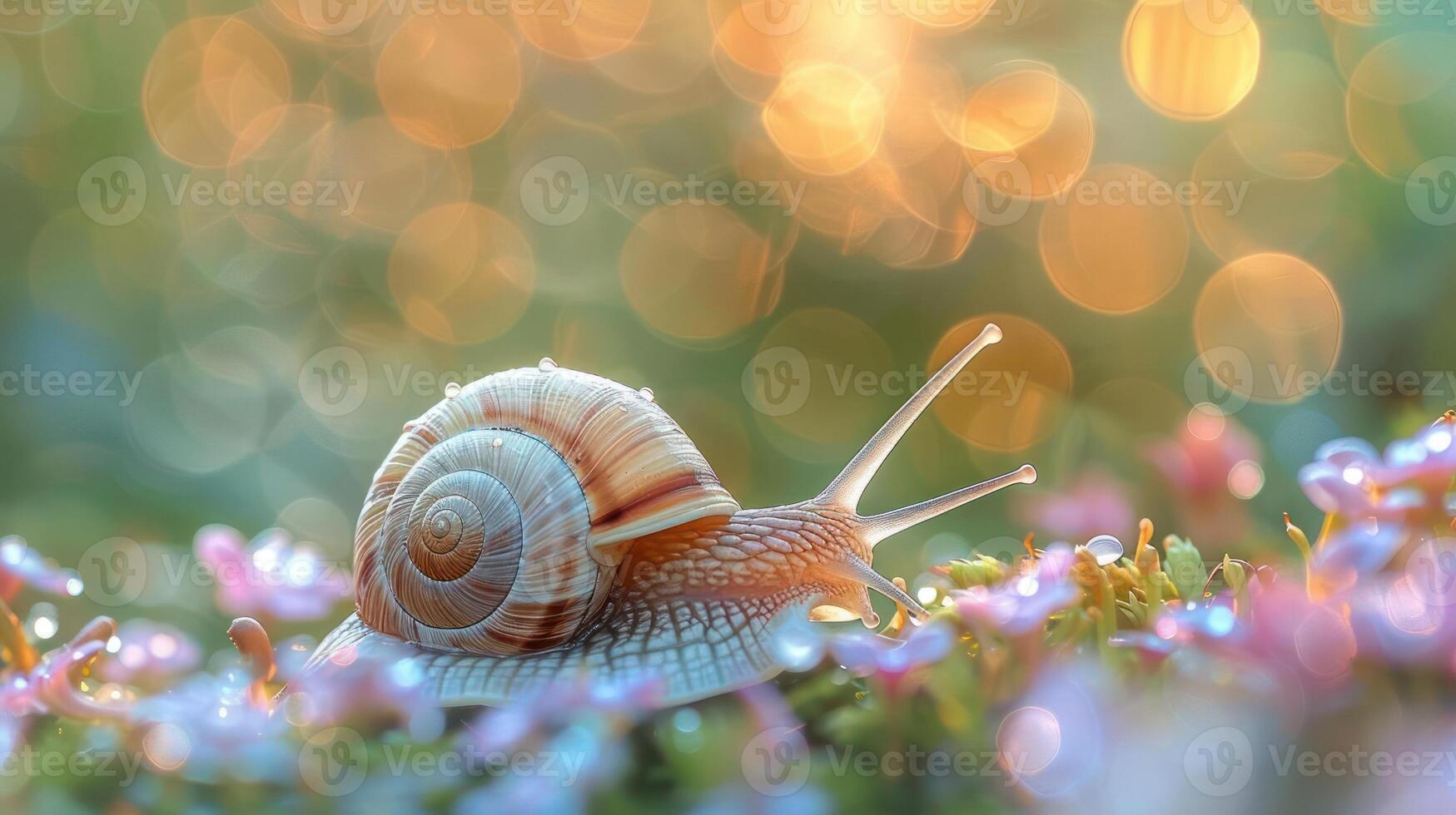 A close-up photograph capturing a vibrant blossoming flower with a glistening dewdrop background, photo