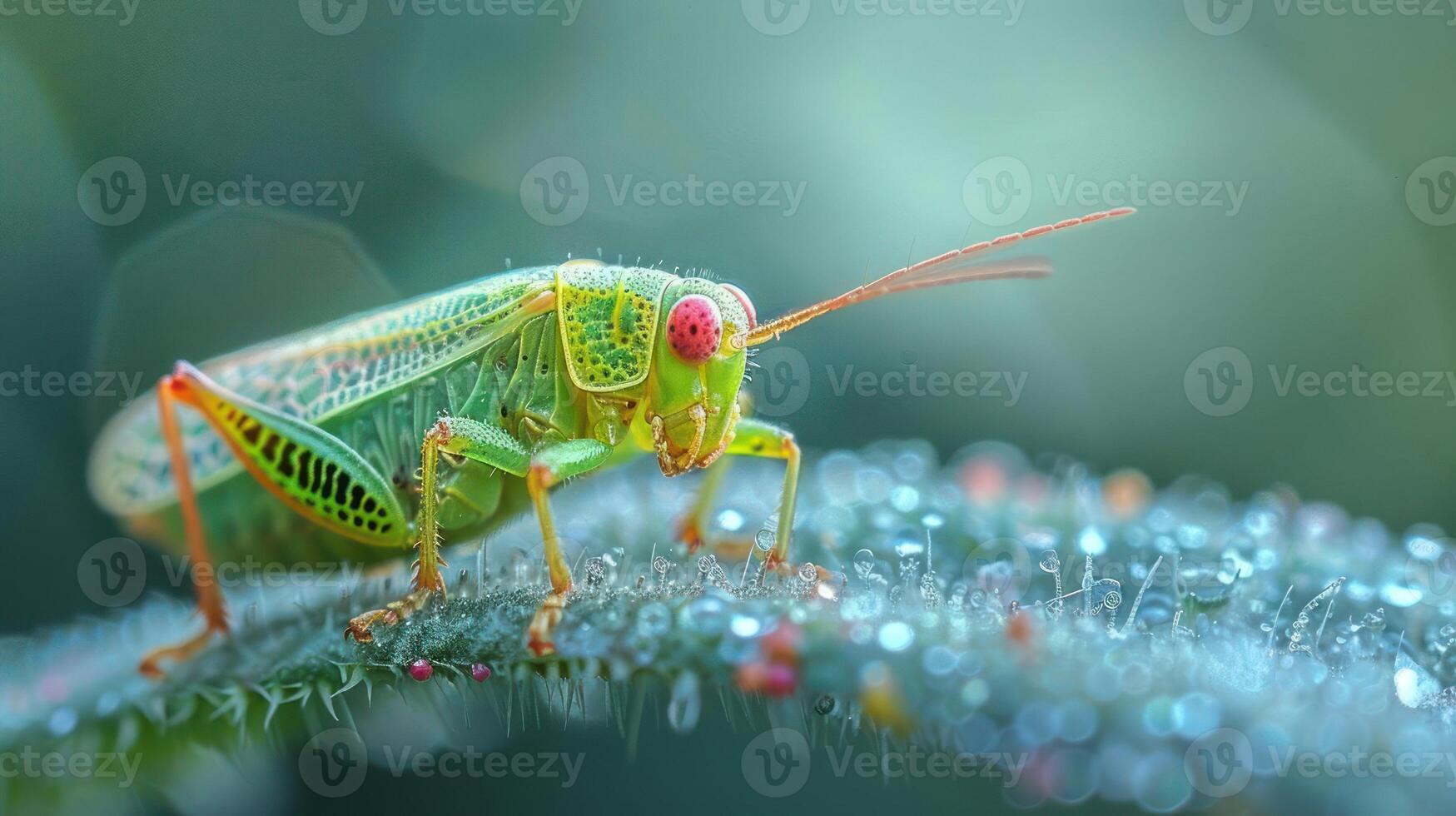 A green and red bug stands on a leaf, surrounded by dewdrops, looking forward. photo