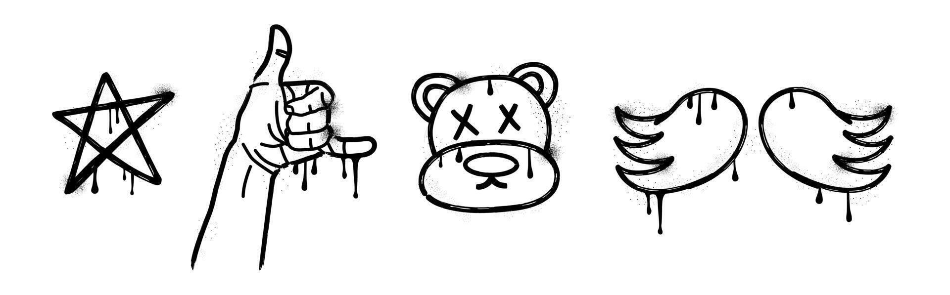 Set of icons. Brush. Charcoal and crayon. Drawing. Scribble. Grunge texture shape. Trendy elements. Collection graffiti. Spray, dots. Melted paint. Ink. Splash. Street art. Star, hand, bear, wings vector