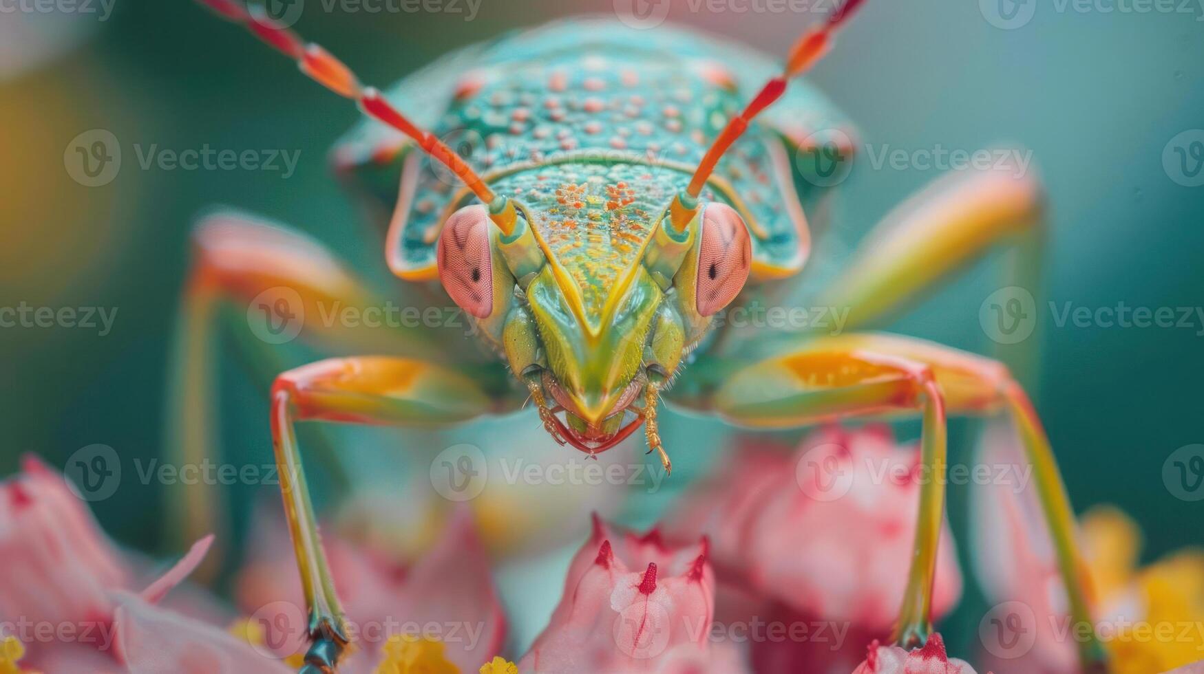 A vibrant green and orange cockroach standing on a pink flower. photo