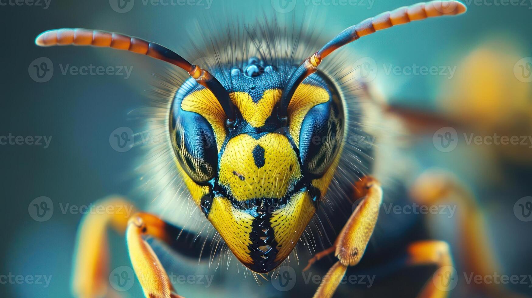 Close-up of a bee's head with its pollen basket and antennae. photo