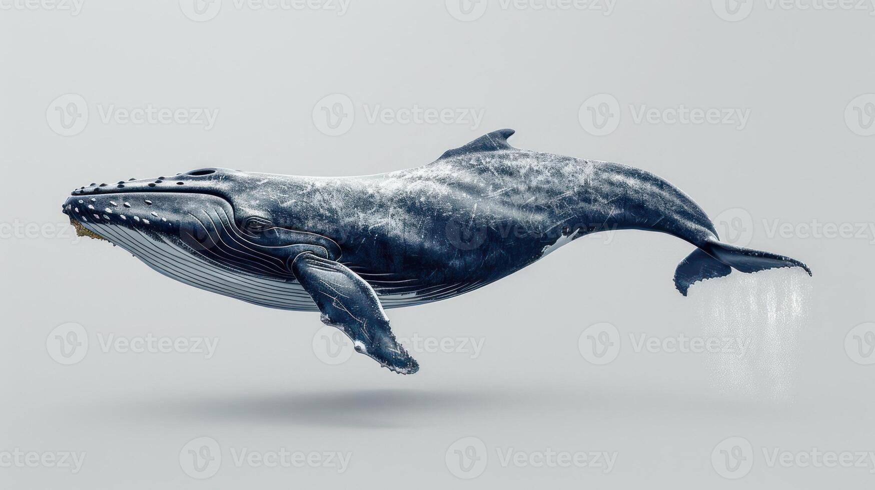 A digital illustration of a whale with its mouth open flying over the ocean. photo