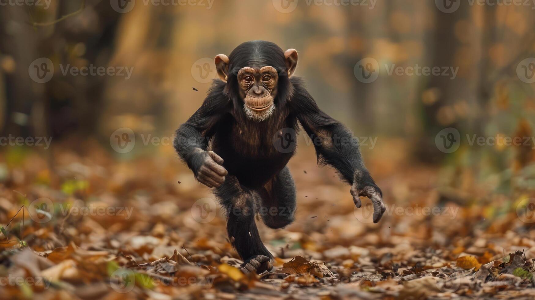 A small monkey with a big smile, captured in mid-migration through autumn leaves. photo