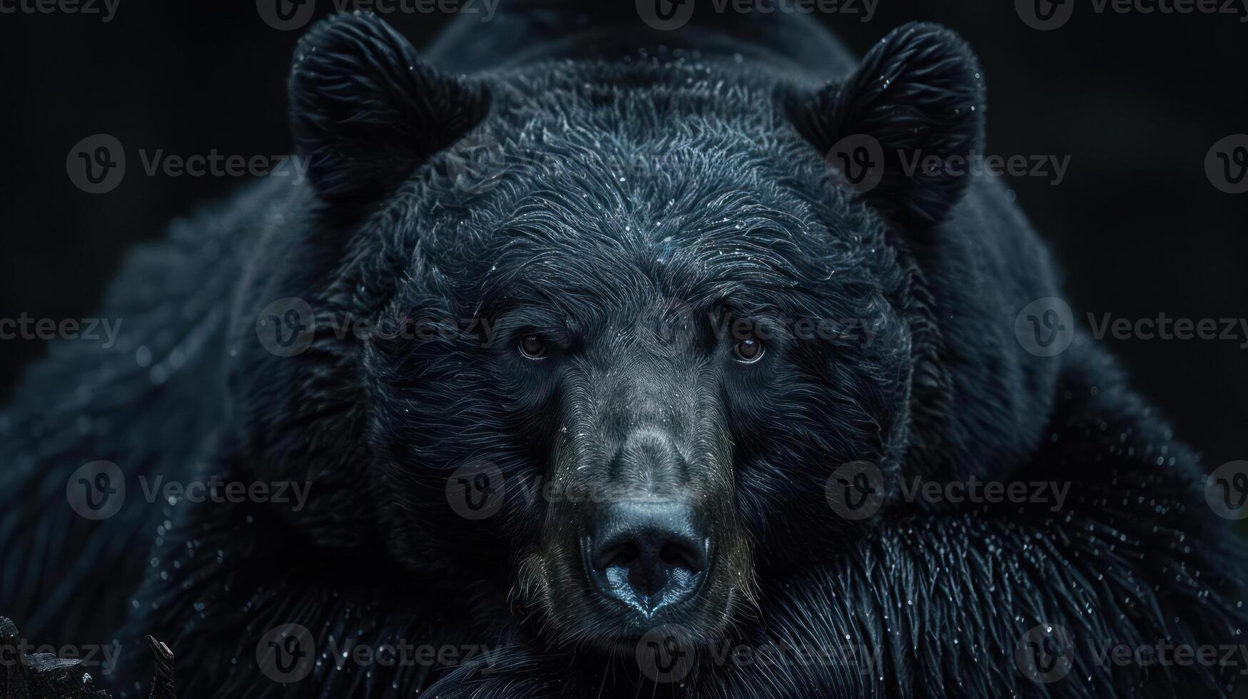 A black bear with a serious expression looking off into the distance, photo