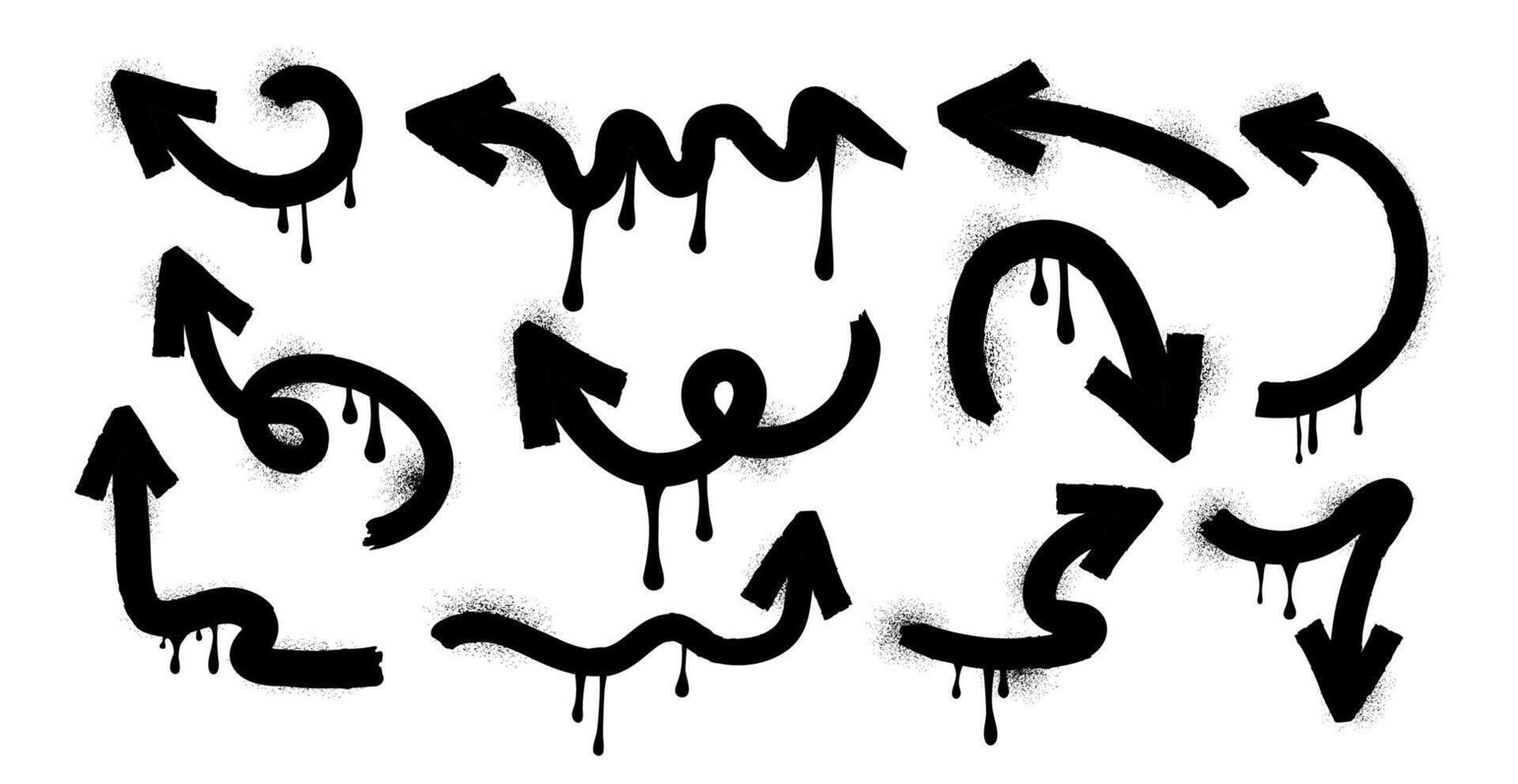 Set of arrows in hand drawn style. Icon. Brush. Charcoal and crayon. Drawing. Scribble pencil. Grunge texture shape. Trendy elements. Collection graffiti. Spray, dots. Melted paint. Ink. Freehand. vector