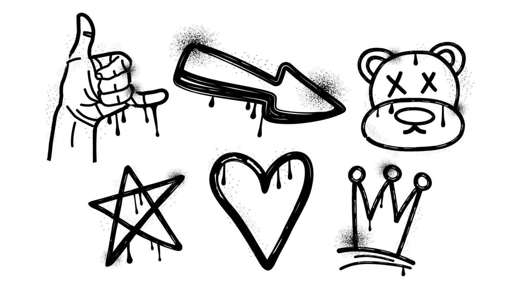 Set of icons. Brush. Charcoal and crayon. Drawing. Scribble. Grunge texture shape. Trendy elements. Collection graffiti. Spray, dots. Melted paint. Ink. Freehand. Splash. Street art. Hippie stickers vector