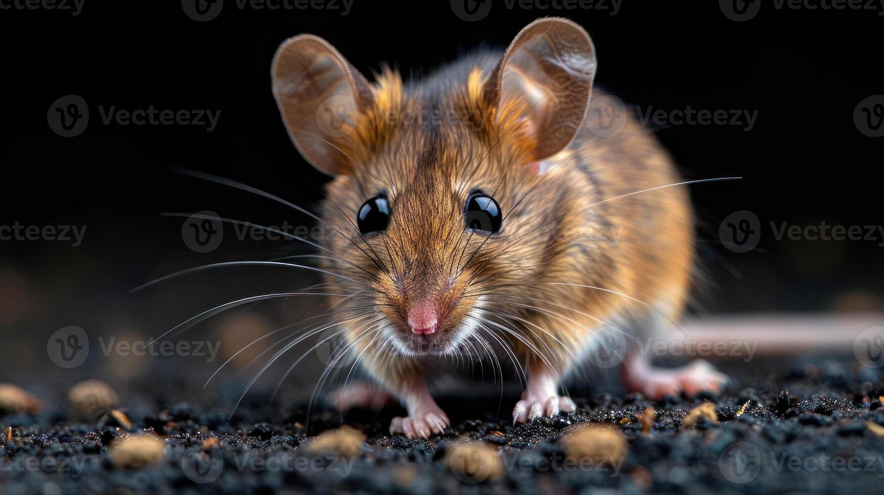 Adorable mouse near pine cone, looking attentive. photo