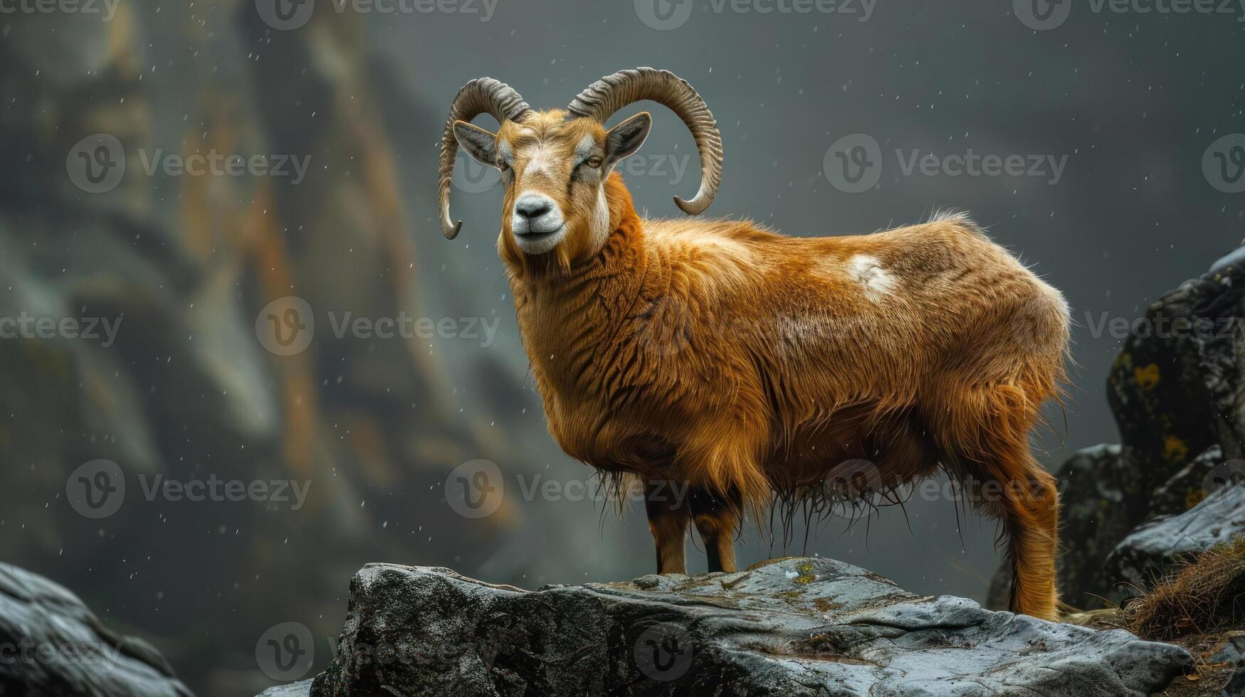 A majestic wild goat with large horns stands on a rocky hillside in front of a snowstorm. photo