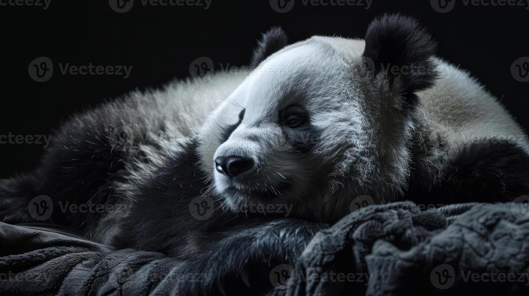 A playful moment of a panda cub surrounded by glittering, falling snowflakes. photo