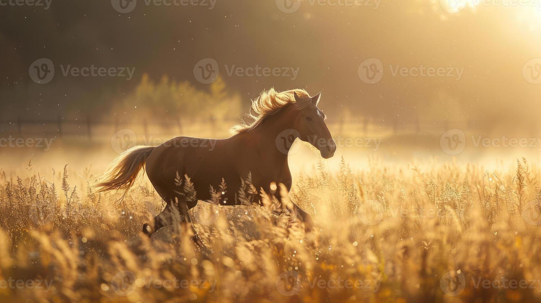 A majestic brown horse in a golden sunset field. photo