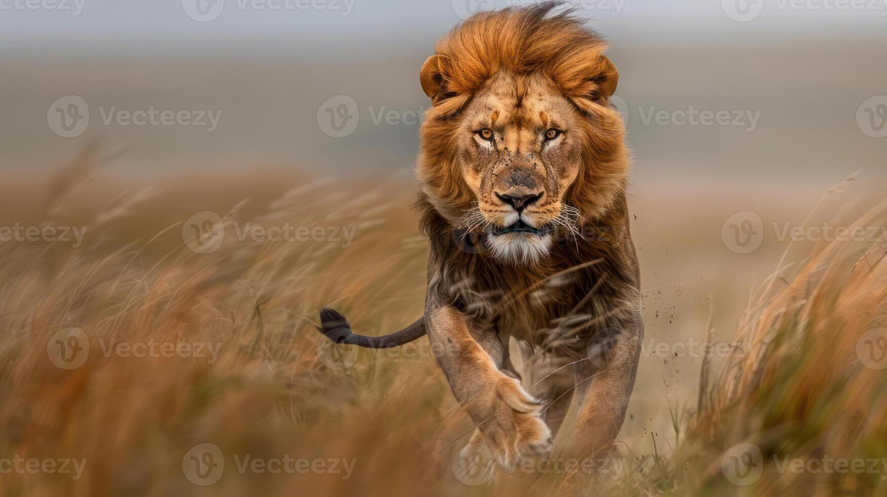Fierce lion running swiftly across a grassy plain. photo