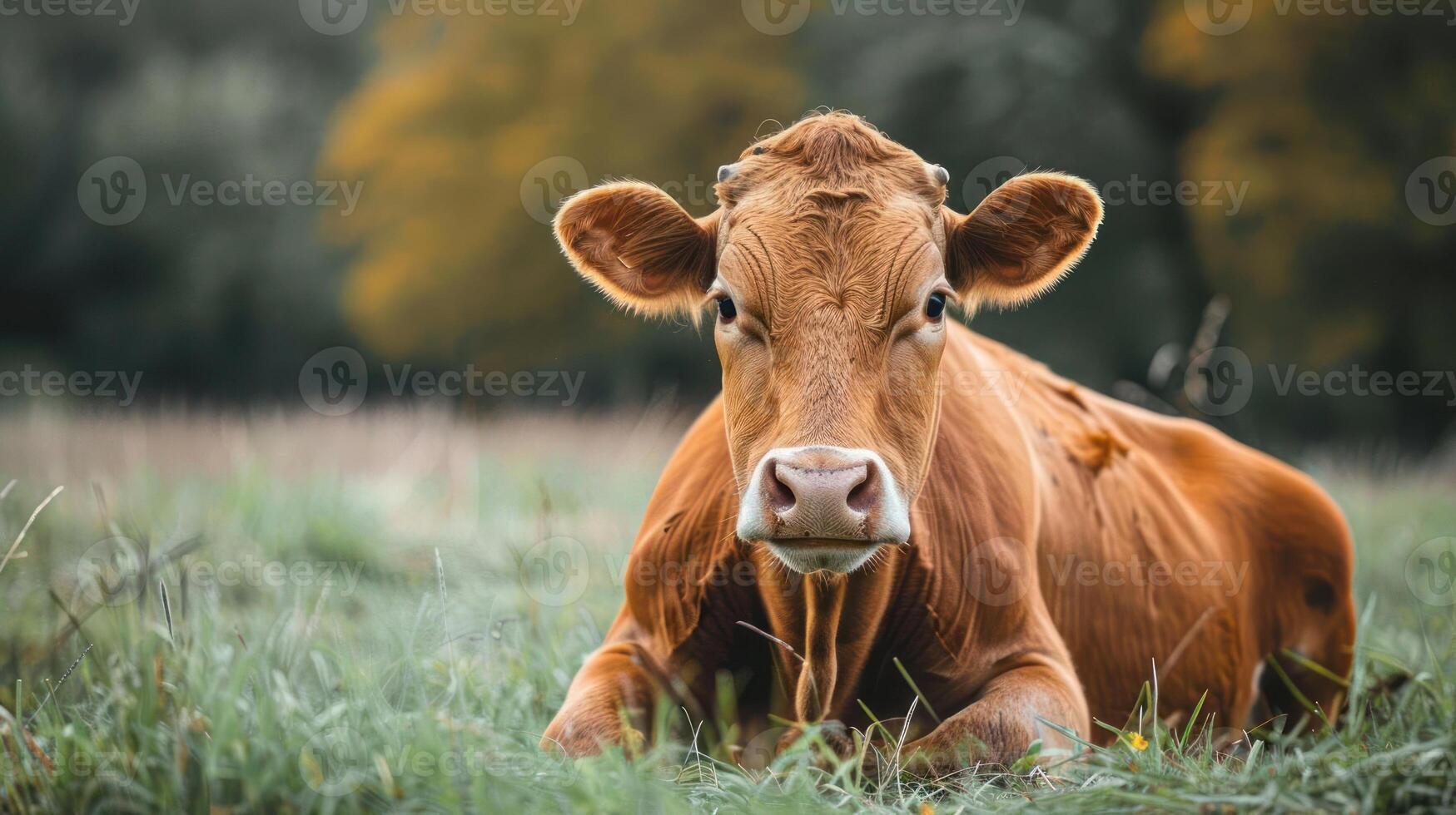A cow standing on grass in an open pasture with autumn foliage and trees. photo