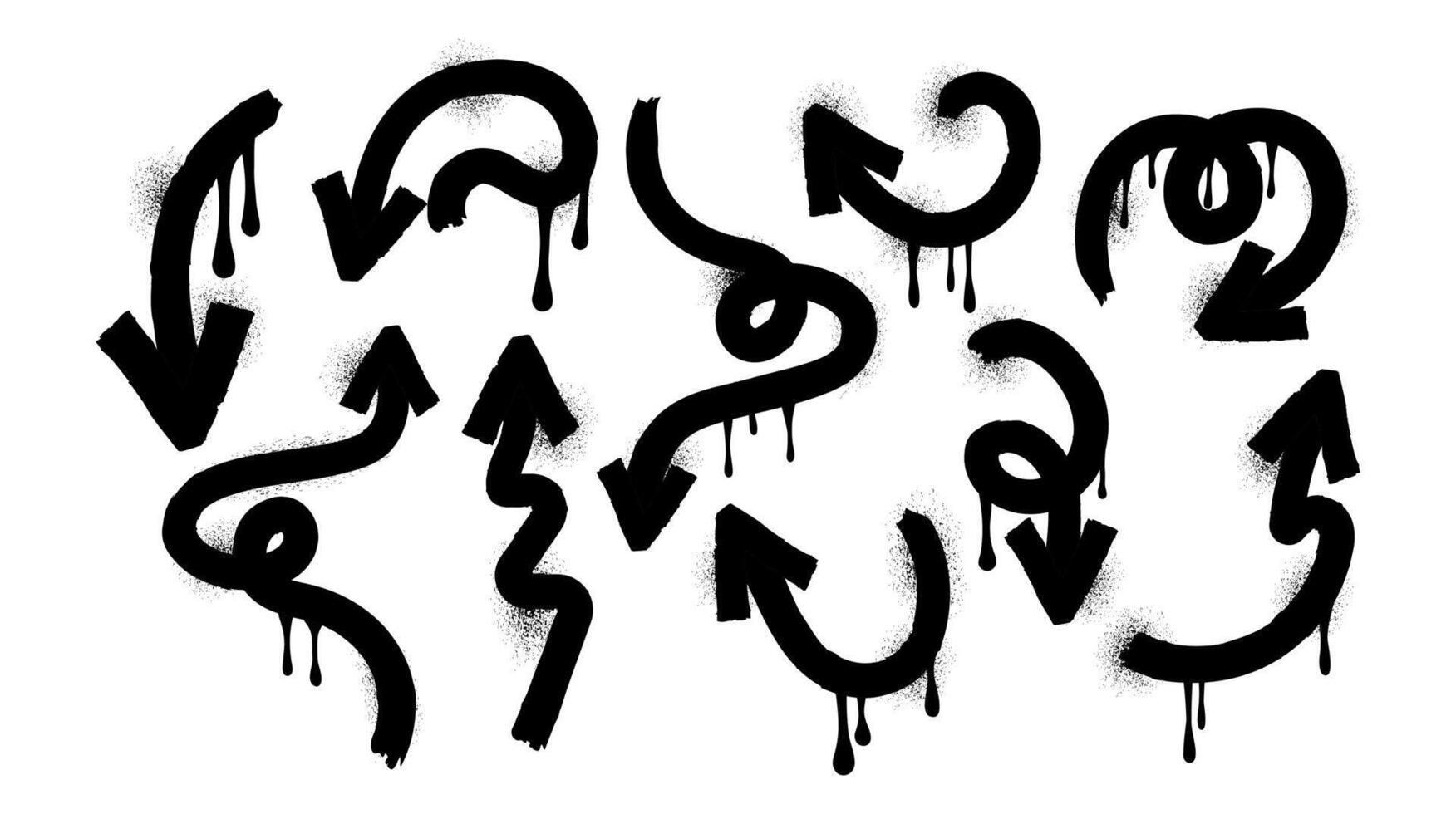 Set of arrows. Icon. Brush. Charcoal and crayon. Drawing. Scribble pencil. Grunge texture shape. Trendy elements. Collection graffiti. Spray, dots. Melted paint. Ink. Freehand. Splash vector