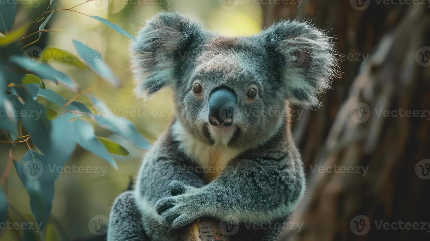 A close-up of a koala sitting on the side of a tree branch, with its arms crossed. photo