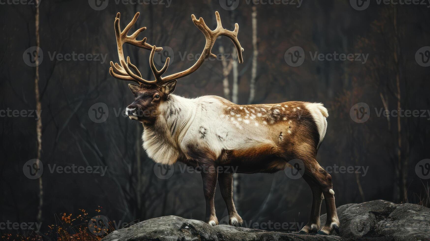 The majestic elk stands tall against the backdrop of the darkening forest, photo