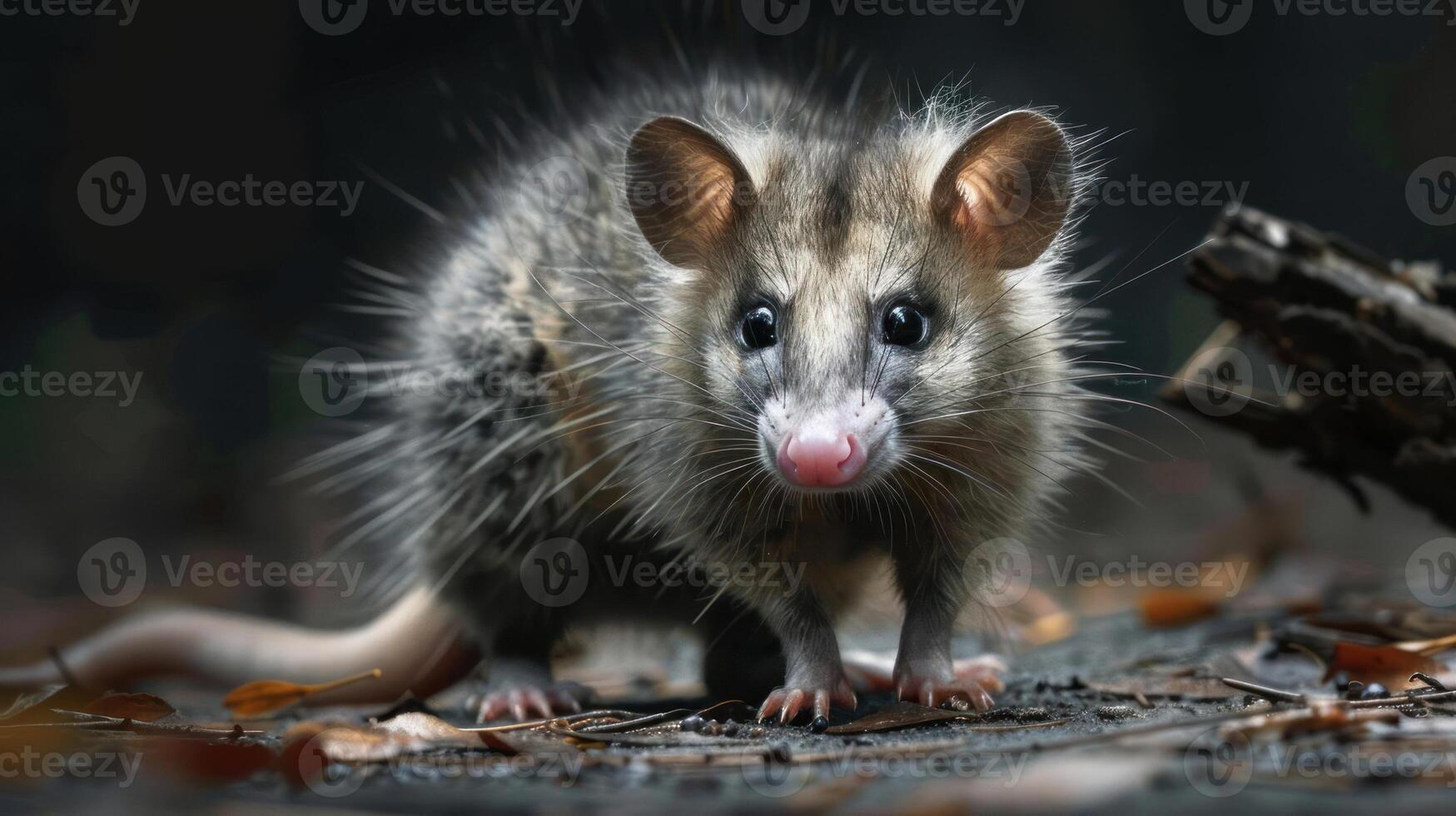 A close-up image of a pocket mole with an intense gaze, standing on the ground surrounded by leaves. photo