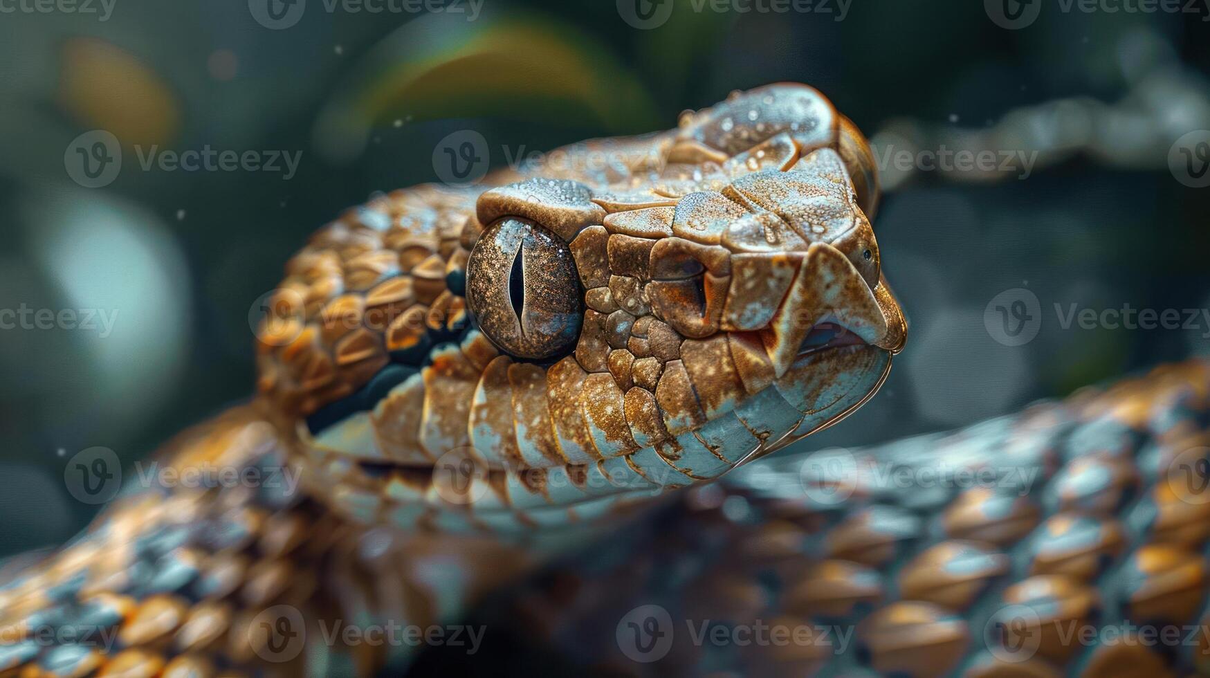A close-up image of a snake's face, with its tongue sticking out. photo