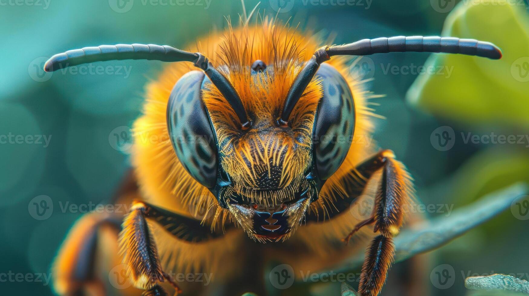 the face of a bee in close-up, highlighting its intricate features and vibrant colors. photo