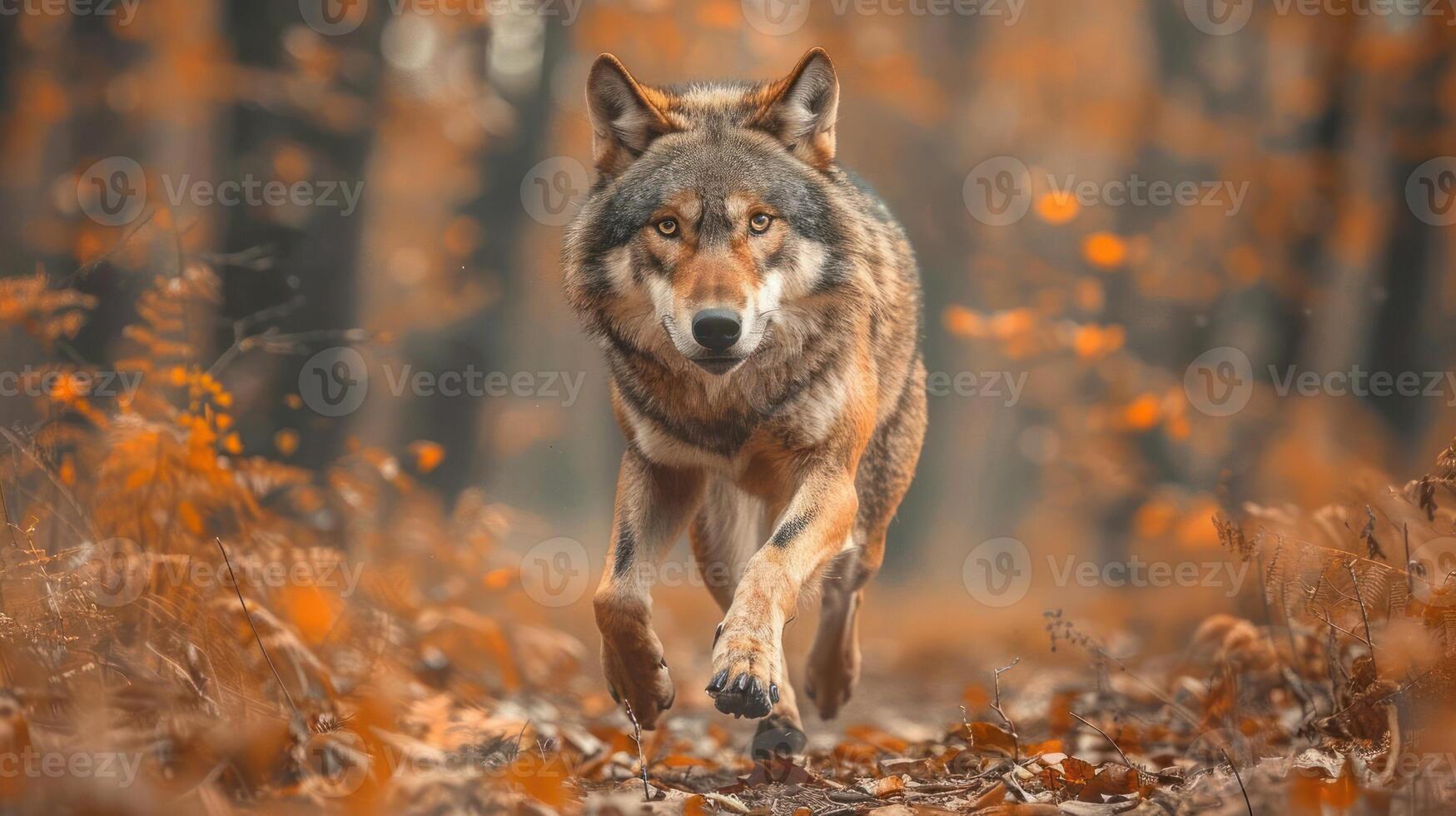 a beautiful image of a wolf on an adventure through a forest with fall foliage. photo