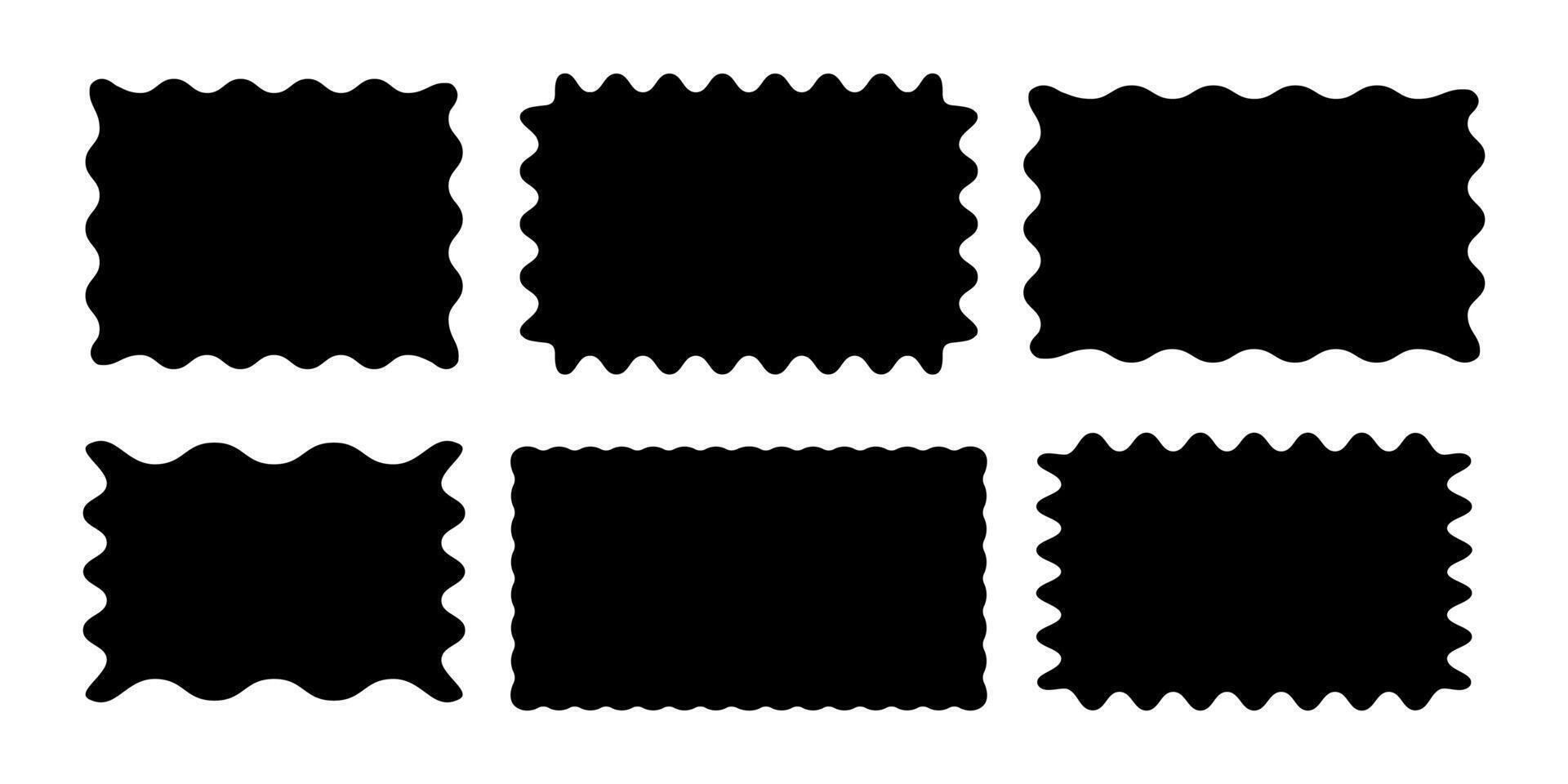 Set of frames. Textbox. Speech bubbles. Rectangles, squares. Geometric shapes in black. Star burst. Sticker, tag. Figures with waves and zigzags. Retro torn edges. Border. Minimalistic silhouette vector