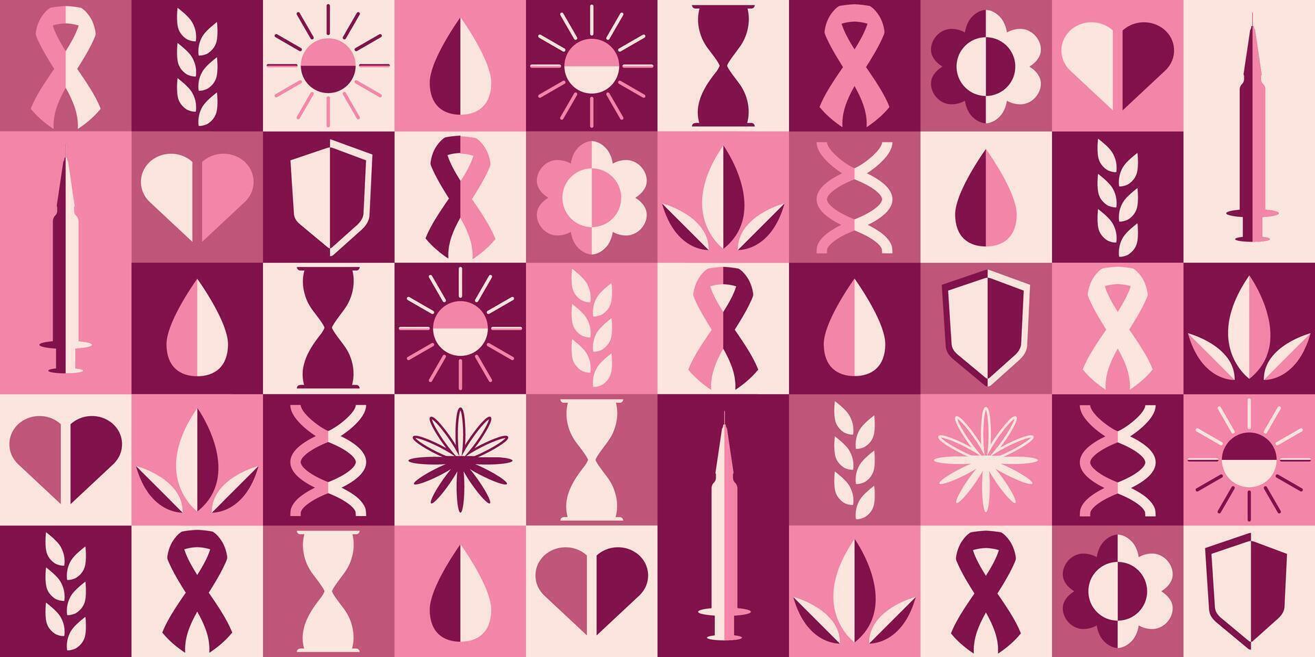 Breast Cancer Awareness Month. Symbol pink ribbon. Tumor. Flat. October. Women's health. Template, banner, poster. Geometric shapes in minimalistic style. Y2k elements. Simple trendy design. Squares vector