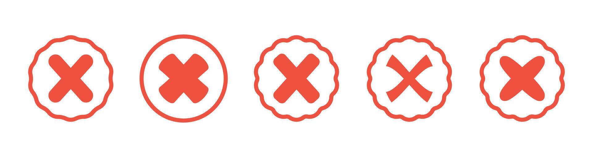 Set of red cross. Wrong. Trendy icons. Symbol sign. Hand drawn. Doodle. . Textbox and checkbox. Frame vote. Button. No. Mark . Flat style. False and reject. vector