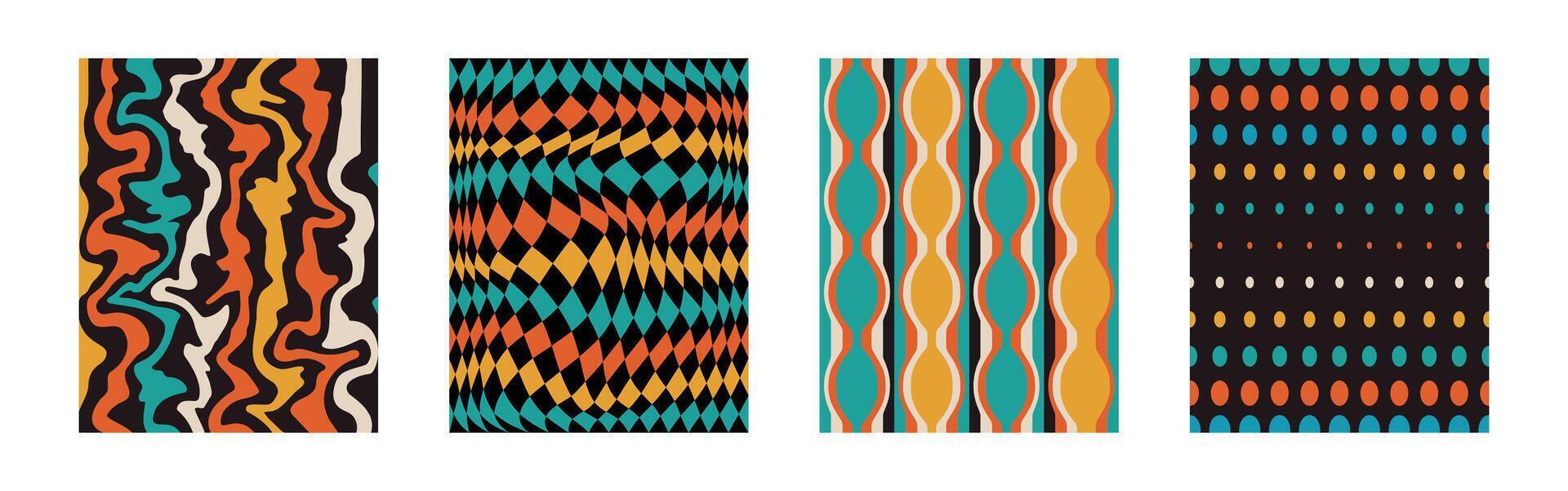 Set trendy twirl backgrounds. Collection hippie design. Y2k style. Groovy swirl. Retro psychedelic aesthetic pattern. Doodle geometric lines. Waves. Spiral elements. Shape. Liquid tile. Flat paper vector