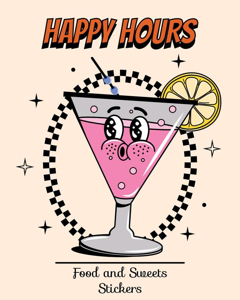 Posters in groovy. Food, drinks. Alcohol. Y2k elements and shapes. Comic and character. Walking. Retro character. Face, hand, legs, arms. Psychedelic and hippie. 2000s. Sticker vector