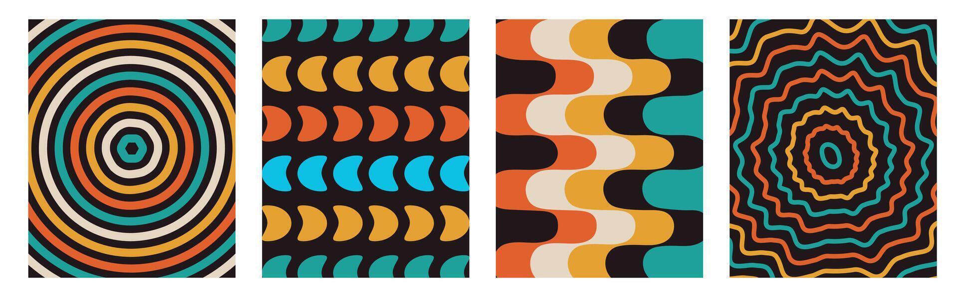 Set and collection trendy twirl backgrounds. Hippie and y2k style. Groovy swirl and retro psychedelic aesthetic pattern. Doodle funky twisted geometric lines. Distorted. Waves, hearts. Spiral elements vector