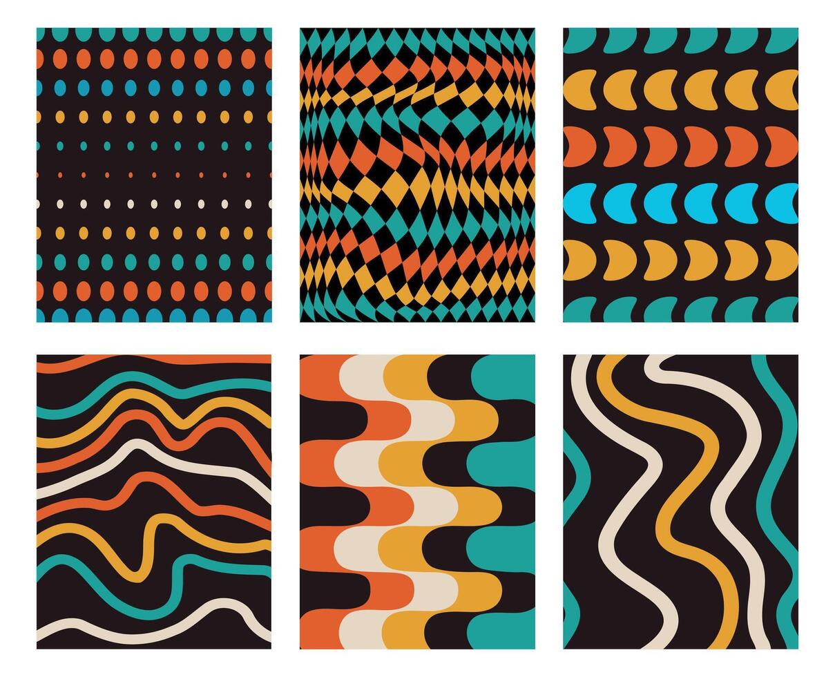 Set and collection trendy twirl backgrounds. Hippie and y2k. Groovy swirl and retro psychedelic aesthetic pattern. Doodle funky twisted geometric lines. Waves, shapes. Spiral elements. Simple vector